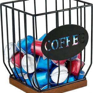 Opslag voor Koffiepads 16 x 12 x 17 cm, Metalen Organiser met Houten Basis, Koffiecapsule Mand en Kopjeshouder voor de Keuken