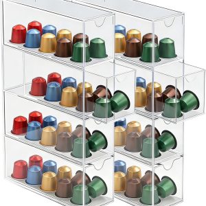 Opslagtray voor Koffiecapsules, Transparante Acryl Capsulehouder met 4 Laden, Capsule Dispenser voor Nespresso, Organizer voor Keuken en Kantoor, Set van 2, Perfect voor Koffieliefhebbers en Thuisgebruik