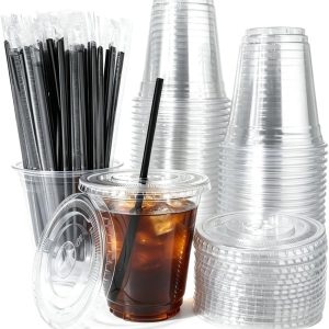 Plastic bekers met deksels, 50 stuks, herbruikbare ijskoffie beker met deksels en rietjes, 400 ml, drinkbeker, smoothiebekers, koude dranken, feestcatering voor milkshakes