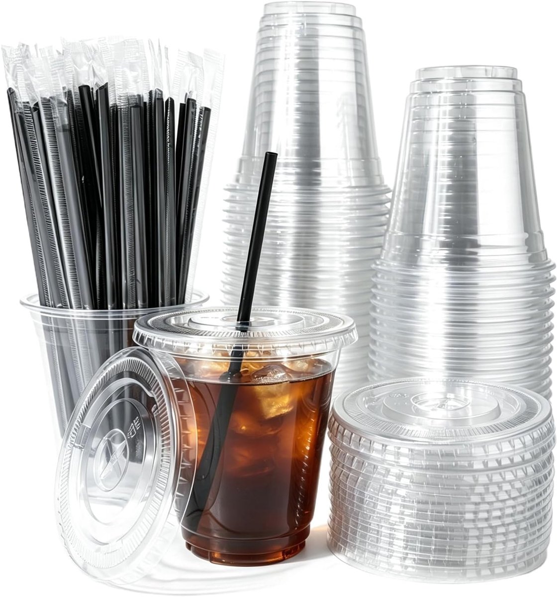 Plastic bekers met deksels, 50 stuks, herbruikbare ijskoffie beker met deksels en rietjes, 400 ml, drinkbeker, smoothiebekers, koude dranken, feestcatering voor milkshakes