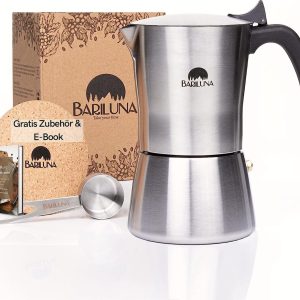 Premium espressomachine van roestvrij staal, geschikt voor inductie, 4-6 kopjes espresso, 150-300 ml mokkamaker, campingkooktoestel met toebehoren, aluminium vrij voor koffie (4 kopjes, 150 ml)