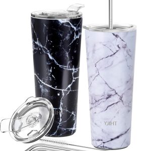 RVS Vacuüm-geïsoleerde reisbeker 780 ml drievoudig geïsoleerd met spatwaterdicht deksel voor ijskoffie en warme dranken - set van 2 - wit marmer + zwart marmer