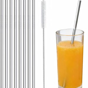 Rietjes, metaal, herbruikbaar drinkrietje voor sap, ijskoffie, koude drank, water, highballglazen, 591 ml, tumblers, mokken, bekers, 0,61 cm, 6 mm breed, 215 mm lang, set van 8 met