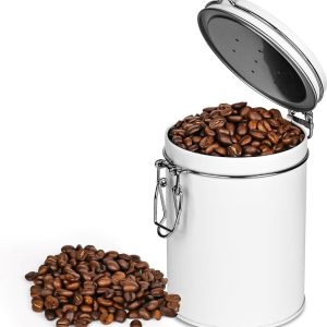 Roestvrijstalen koffieblikjes, 450 ml, vacuüm koffieblikken met uitlaatventiel, voorraaddoos van roestvrij staal voor koffiepoeder, thee, noten, cacao, opslag (wit)