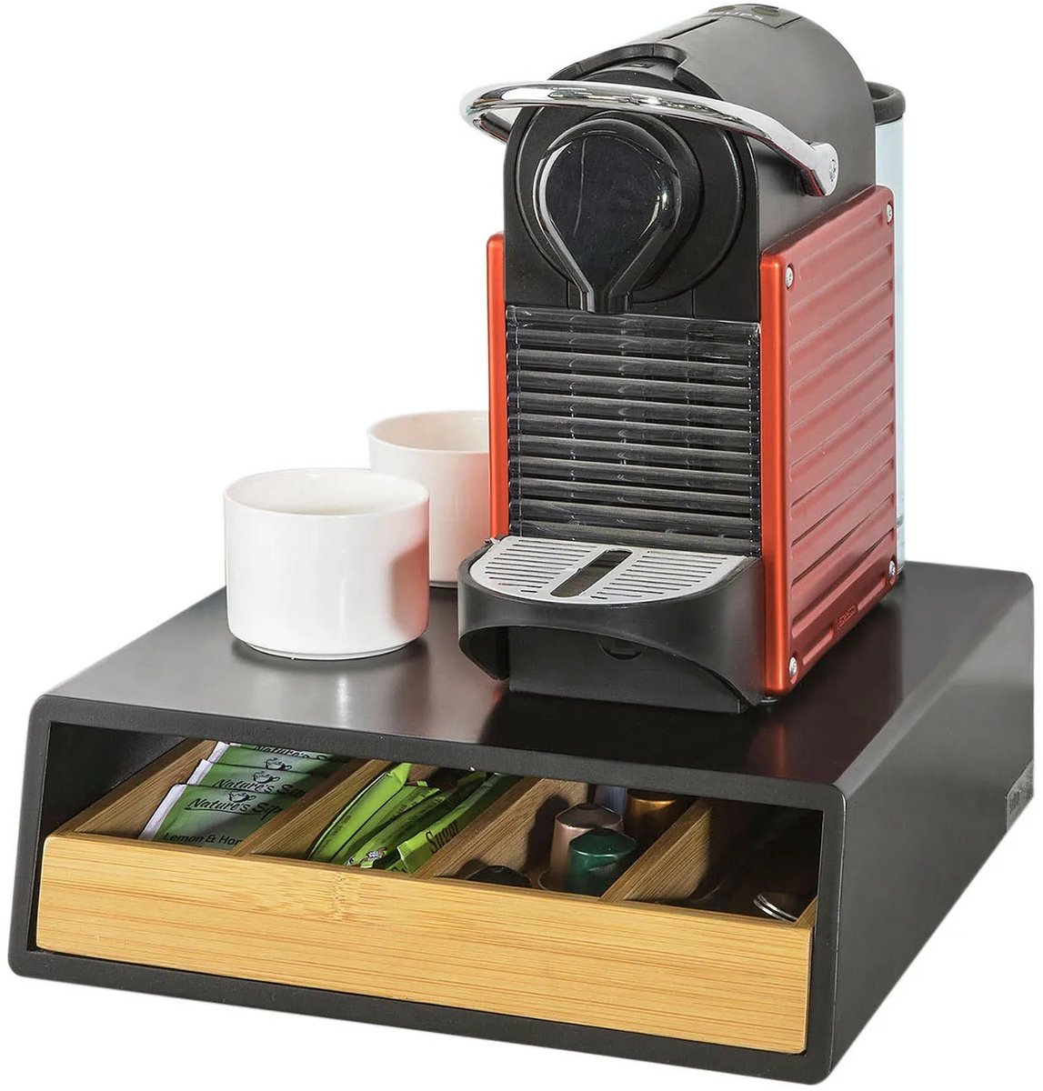 SanaVida - Capsulehouder met Lade - Koffie/Thee Opberger- Koffiecups Lade - Zwart - 30B x 10H x 31D cm - Max. Belasting 15 kg