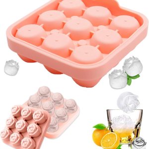 Schattige rozenijsblokjesvorm, 3D-siliconen whisky-ijsvorm, BPA-vrije vormen, ijsblokjesvorm met trechterdeksel, voor ijs, whisky, cocktails, ijskoffie, sap (roze)