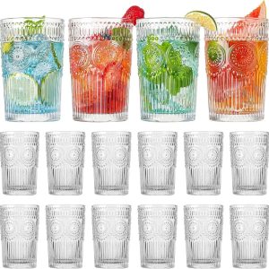 Set van 12 Vintage Drinkglazen - Getextureerde Helder Gestreepte Bekers voor Cocktails & Ijskoffie