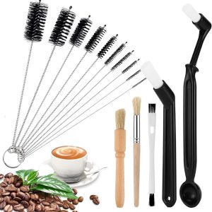 Set van 15 Koffieborstels voor Barista, Reinigingsborstels voor Koffiemolen en Espresso Machine met Houten Handvat en Rietjesborstel