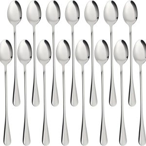 Set van 15 roestvrijstalen lepels, lange latte macchiato-lepels (19,5 cm), theelepels, cocktail-/ijslepel, longdrinklepel, vaatwasserbestendig voor ijskoffie, milkshake, ijsbeker, desserts