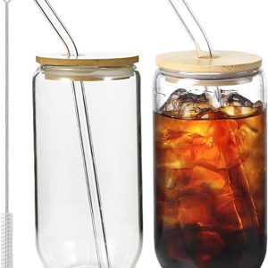 Set van 2 Bubble Tea bekers, 500 ml drinkglazen met 2 deksels, 2 rietjes en 1 borstel, glazen bekers met deksel, ijskoffieglazen voor ijskoffie, cocktail, smoothieglas, bier