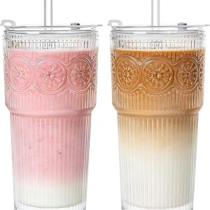 Set van 2 Geribbelde Drinkglazen 20 oz met Deksel en Rietje voor IJskoffie en Smoothies