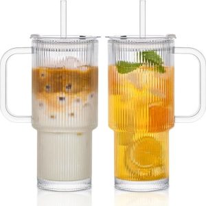 Set van 2 Geribbelde Glazen Bekers 760 ml met Deksel en Rietjes voor IJskoffie en Smoothies