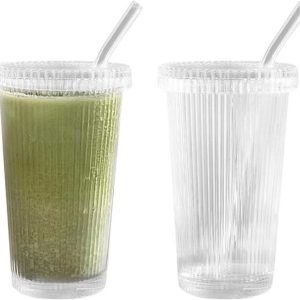 Set van 2 Geribbelde Glazen Bekers met Deksel en Rietjes voor IJskoffie en Smoothies (375 ml)