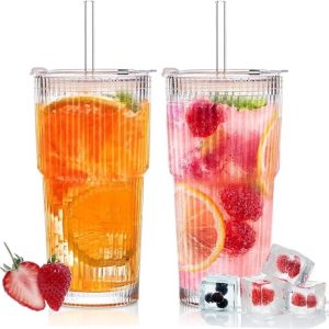 Set van 2 Geribbelde Glazen met Deksel en Rietje voor Ijskoffie en Smoothies