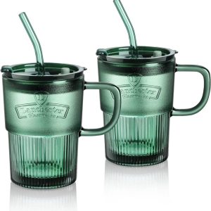 Set van 2 Groene Drinkglazen met Deksel en Rietje - Ideaal voor Ijskoffie, Milkshakes en Smoothies - Vaatwasmachinebestendig