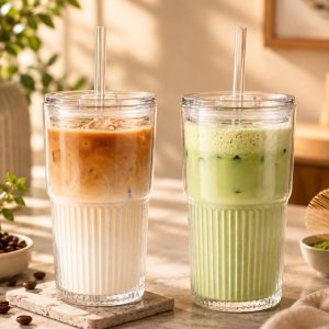 Set van 2 gegroefde glazen drinkbekers 450 ml met deksel en rietje - voor ijskoffie, long drink, smoothie - lucht- en waterdicht - ideaal voor koffie