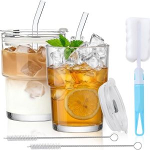 Set van 2 geribbelde glazen bekers met deksel en rietje, perfect voor smoothies, ijskoffie en sap, luchtdicht en waterdicht ontwerp