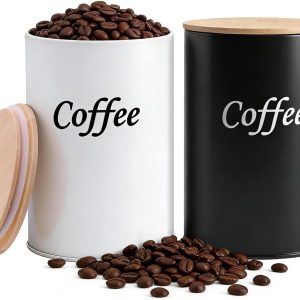 Set van 2 koffieblikjes, luchtdicht (zwart en wit), 500 ml koffiebonenhouder met houten deksel, voorraaddoos, ronde koffieblik voor gemalen koffie, koffiecapsules, thee