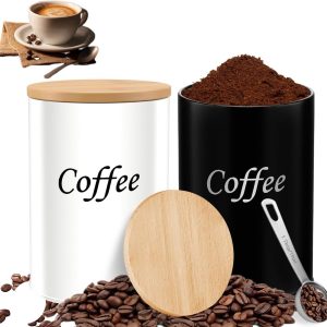 Set van 2 koffiebonen luchtdicht (zwart en wit), 1000 ml koffiebonenhouder met bamboedeksel en roestvrijstalen schep