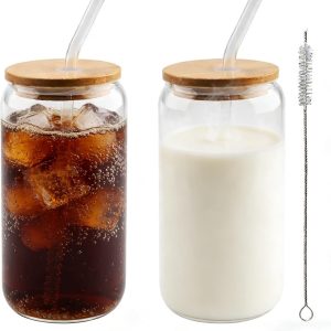 Set van 2 matcha glazen van 500 ml, 7,5 x 15 cm, met bamboe deksel en rietje en reinigingsborstel, voor doe-het-zelf drankjes, Bubble Tea, ijskoffie, cola