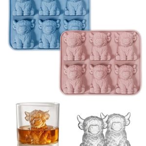 Set van 2 siliconen ijsblokjesvormen 3D Schotse hooglandkoe 12 vakjes, herbruikbare DIY-mal voor whisky, cocktails, ijskoffie en chocolade, blauw en roze