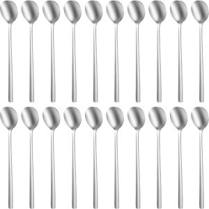 Set van 20 lange lepels, 304 roestvrij staal 20 x 3 cm zilver, ijslepel lang, latte macchiato lepel, espressolepel & honinglepel roestvrij staal