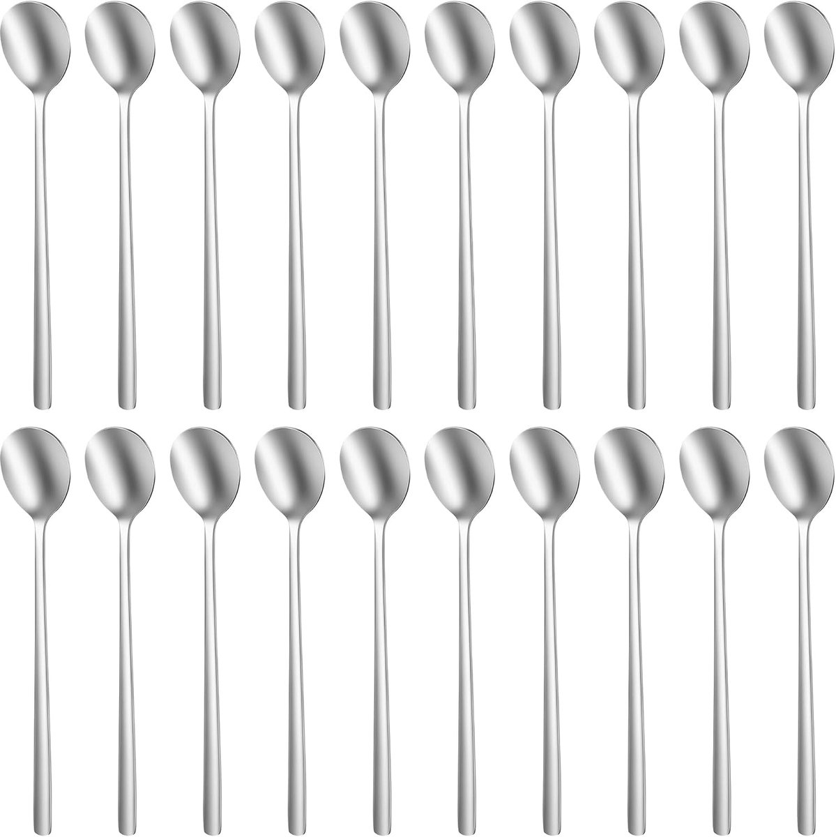 Set van 20 lange lepels, 304 roestvrij staal 20 x 3 cm zilver, ijslepel lang, latte macchiato lepel, espressolepel & honinglepel roestvrij staal