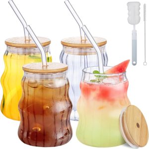 Set van 4 Drinkglazen met Glazen Rietjes en Bamboe Deksel, 530ml Ijskoffie Glazen, Perfect voor Cocktails, Sap en Frisdrank