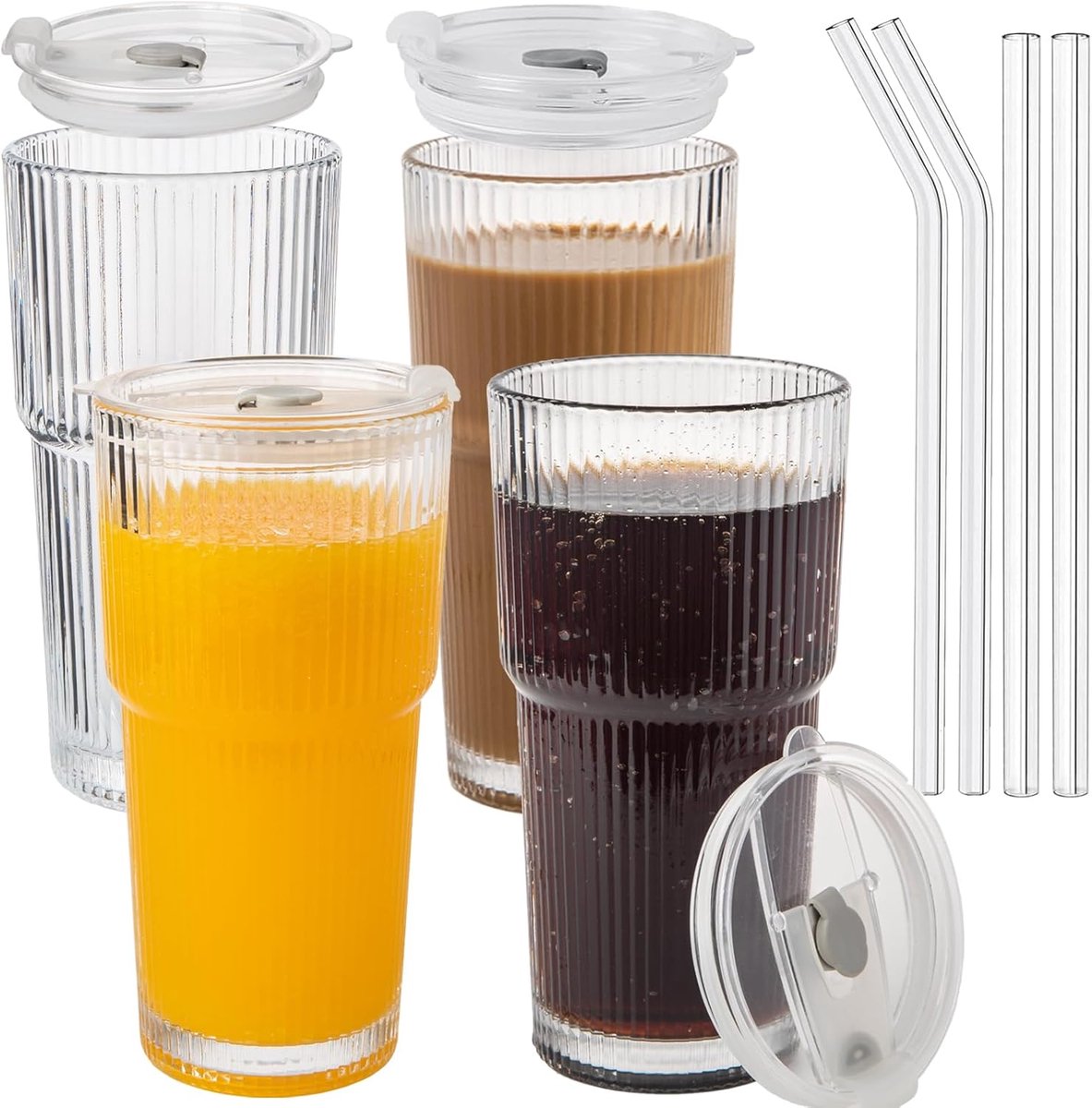 Set van 4 Geribbelde Glazen Bekers met Deksel en Rietjes voor Ijskoffie, Smoothies en Koude Dranken