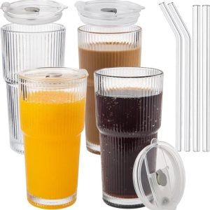 Set van 4 Geribbelde Glazen Bekers met Deksel en Rietjes voor Ijskoffie, Smoothies en Koude Dranken