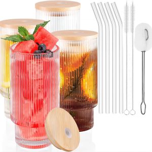Set van 4 Vintage Geribbelde Cocktailglazen met Deksel en Rietje - Perfect voor Ijskoffie, Cocktails, Bier en Smoothies