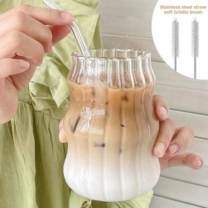 Set van 4 koffieglazen 500 ml met rietjes en reinigingsborstels - Voor dessert, thee, sap, whisky, bier, cocktail en ijskoffie