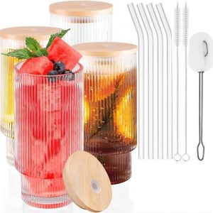 Set van 4 vintage geribbelde cocktailglazen met deksel en rietje - Voor ijskoffie, cocktails, bier en smoothies