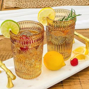 Set van 6 Vintage Gestreepte Drinkglazen - Geribbeld Glaswerk voor Cocktails, Sap of IJskoffie (380 ml)