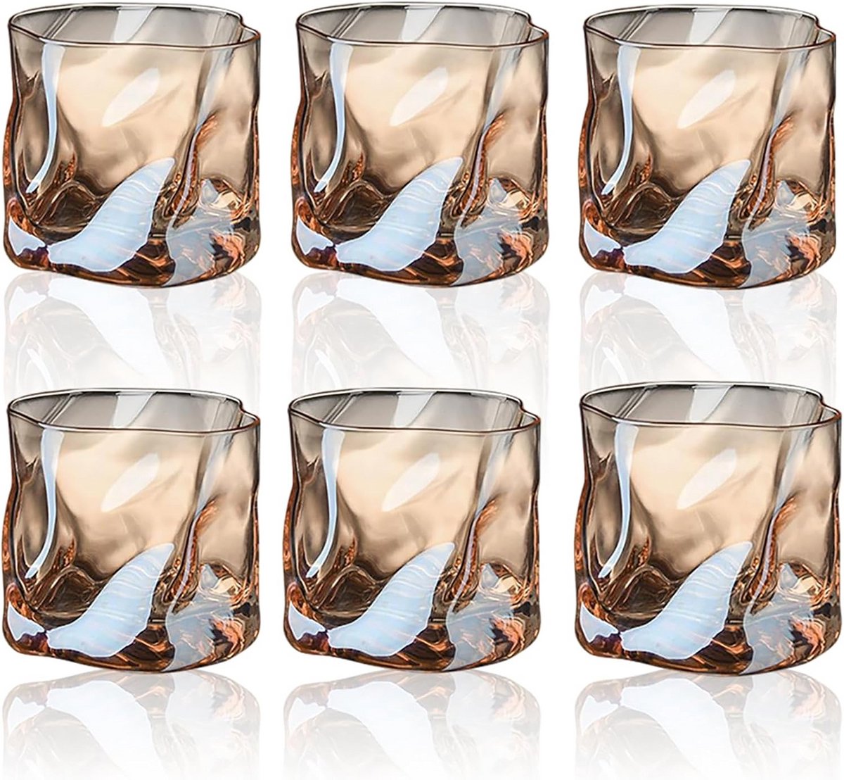 Set van 6 Waterglazen 200 ml - Onregelmatige Glazen voor Whisky, Rum, Cocktail en Ijskoffie - Bruin