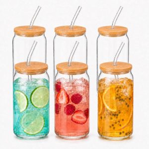 Set van 6 drinkglazen, doos 500 ml met bamboedeksels en 6 glazen rietjes, blikvormige longdrinkglazen voor ijskoffie, matcha, cocktails en limonade (TGR500DT)