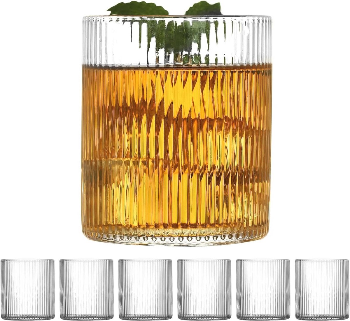 Set van 6 geribbelde waterglazen - 300 ml - vaatwasmachinebestendig - perfect voor cocktails en ijskoffie