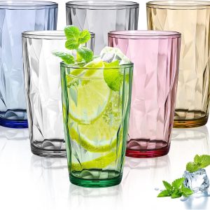 Set van 6 grote drinkglazen, 470 ml, plastic waterglazen, cocktailglazen, drinkbekers, kleurrijke kunststof glazen met kristalglas-look, longdrinkglazen, sapglazen voor water, sap, ijskoffie, zachte