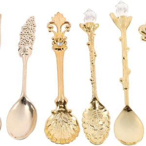 Set van 6 vintage lepels dessert koffie roerlepel theelepel ijs lepel fruit vork Royal metaal mini gesneden servies fruit lepel voor keuken eetkamer bar zoete snacks (goud)