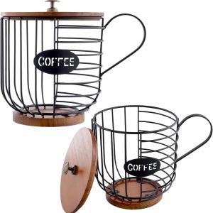 SnelShoppen - 2PCS Koffiepadhouder met Deksel, Koffiecup Organizer voor Keuken, 15.5x18cm, Zwart, Houten en IJzeren Design voor Keuken en Kantoor
