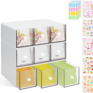 SnelShoppen - 3 Stuks Theezakjes Organiser met 3 Lades, Stapelbare Plastic Theebox, Thee Opslagdoos, Keuken Organizer voor Theezakjes, Koffiepads, Sui