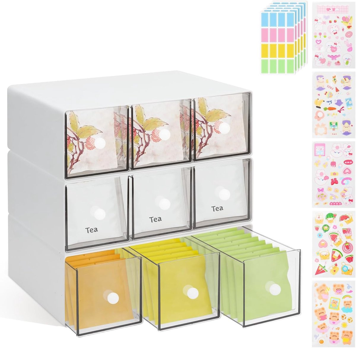 SnelShoppen - 3 Stuks Theezakjes Organiser met 3 Lades, Stapelbare Plastic Theebox, Thee Opslagdoos, Keuken Organizer voor Theezakjes, Koffiepads, Sui