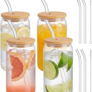 SnelShoppen - 4 Matcha-glazen met deksel en rietje - 500 ml glazen bekers voor cocktails, whisky, bier, ijskoffie, frisdrank en sappen - Perfect voor