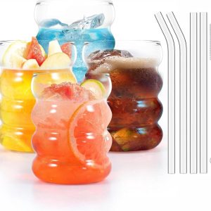 SnelShoppen - 4 Stuks Geribbelde Drinkglazen 350 ml met Glazen Rietjes - Bubbelglazen voor Ijskoffie, Water, Cocktails - Hoogwaardig Glas, Perfect voo