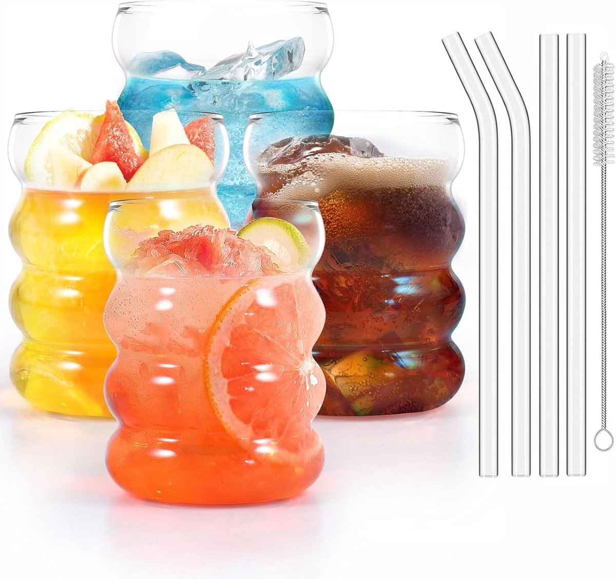 SnelShoppen - 4 Stuks Geribbelde Drinkglazen 350 ml met Glazen Rietjes - Bubbelglazen voor Ijskoffie, Water, Cocktails - Hoogwaardig Glas, Perfect voo