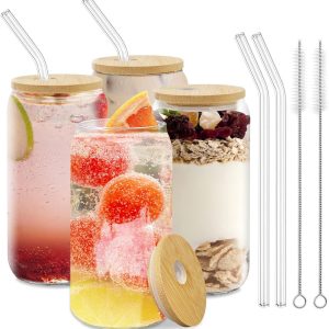 SnelShoppen - 500ml Cocktails glazen met deksel en glazen rietjes - Drinkglazen met bamboe deksel voor cocktails, long drinks, ijskoffie, frisdrank, s