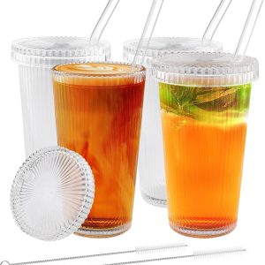 SnelShoppen - Drinkglazen met Deksel en Rietje, Set van 4, 375 ml, Cocktailglazen, Matcha Glazen, Bubbels voor Water, Ijskoffie, Ijsthee en Frisdrank