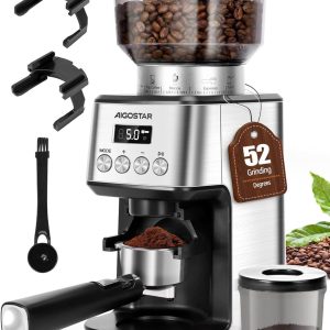 SnelShoppen - Elektrische Koffiemolen met 52 Maalstanden, Conische Maalschijf voor Espresso, RVS Koffiemaler met Digitaal Display, Zilver, Professione