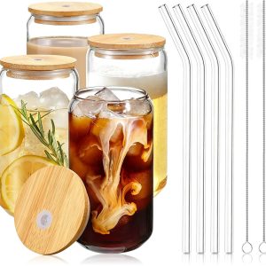 SnelShoppen - Ezwaasu Drinkglazen set 4 stuks 500 ml met rietje en deksel, latte macchiato glazen, ijskoffie en matcha glas, incl. 2 reinigingsborstel