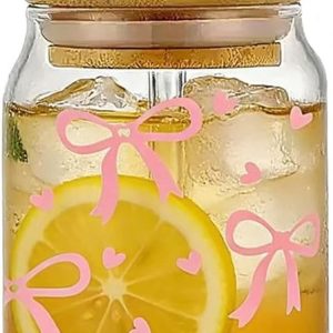 SnelShoppen - Glas met Deksel en Rietje 16 oz - Esthetische Bow Design Tumbler - Ideaal voor Ijskoffie, Smoothies, Matcha Cocktails - Elegante Drinkgl